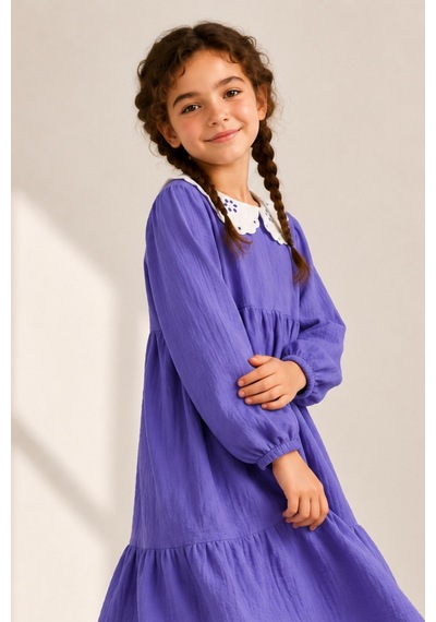 Angel&co. Girls Clothing Brode Yaka Müslin Midi Elbise-mor Lavanta Moru Lavanta Moru