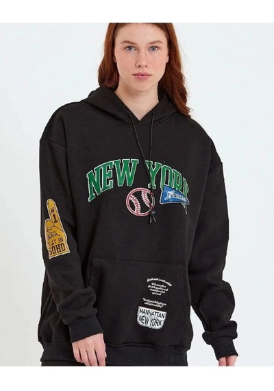 Mbb E-ticaret Kadın Oversize Kapüşonlu Cepli Ön Kol Baskılı 3 İplik Pamuklu Hoodie Sweatshirt - Siyah