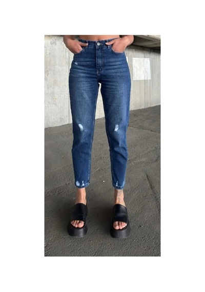 Kene Jeans Yüksek Bel Tam Kalıp Laci İşlemli Lazer Yırtık Mom Jeans Lacivert İşlemli
