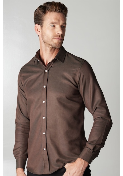 Tudors Modern Slim Fit Dar Kesim Armürlü Erkek Gömlek-25752 Kahverengi