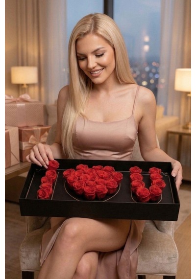 I Love You Güllü Siyah Lüks Kutuda Kalp Tasarım Gül Sevgiliye, Kıza, Eşe Hediye