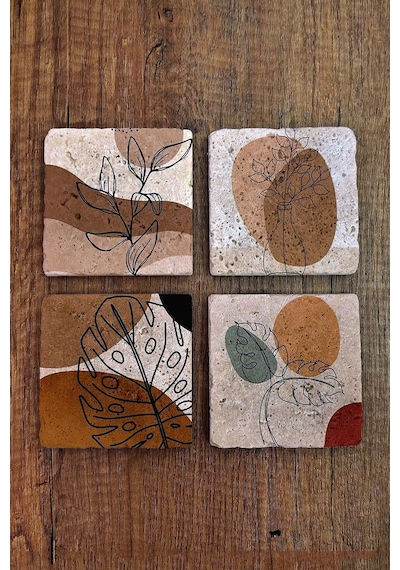 Doğal Taş Bardak Altlığı 4'lü Set - Modern Desenler Baskılı Bardak Altlığı - Stone Coasters Çok Renkli