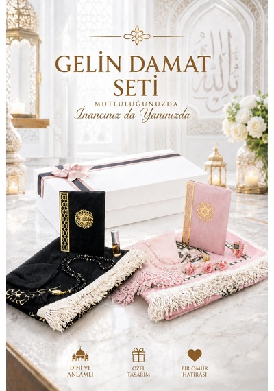 Gelin Damat Kadife Kaplı Kuranı Kerim Seccade Tesbih Takke Namaz Örtüsü Esans Ve Kutulu İslami Hediye Seti - Siyah Pembe