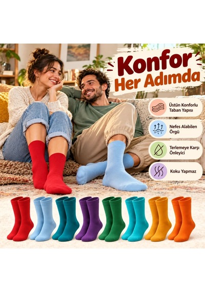 Womanandkids Wak Unisex Renkli Çorap 8'li Set Günlük Rahat Esnek Uzun Soket Çorap Canlı Renkler Yumuşak Konforlu Seti Çok  Renkli