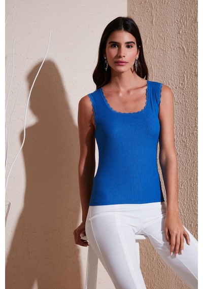 Lela Slim Fit Kalın Askılı Dantelli Kare Yaka Bürümcük Bayan Atlet 5864979 Saks