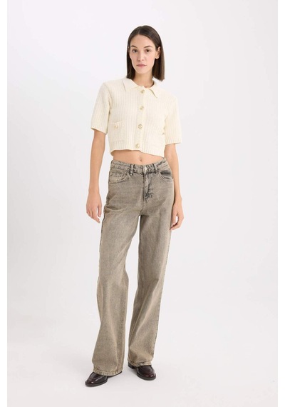 Defacto Cropped Fit Gömlek Yaka Düğmeli Triko Kısa Kollu Hırka E1977ax24wner105 Ekru