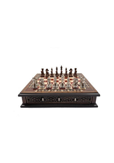 Özel - 145 - Tasarım El İşi Yuvarlak Satranç Tahtası Ve Metal Satranç Taşları Mcyv28 - - Kmrsfres - Bakır-gümüş, Kırmızı