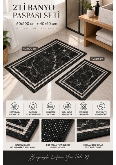 Siyah Mermer Desenli 2'li Banyo Paspası Seti 60x100 + 40x60 Cm Kaymaz Taban Yıkanabilir Banyo Halısı Siyah - 919645303 Siyah Siyah Mermer Desenli 2'li Banyo Paspası Seti 60x100 + 40x60 Cm Kaymaz Taban Yıkanabilir Banyo Halısı Siyah - 919645303 Siyah