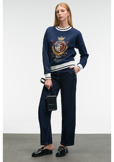 Grımelange VALLUNE Kadın Kontrast Triko Etek Ucu Manşet Ve Yakalı Nakış Crop Lacivert Sweatshirt