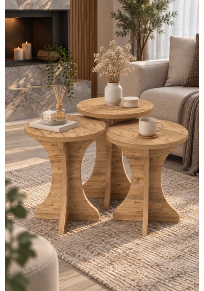 Sulorahome Mantar Zigon Sehpa Takımı Çam Kahverengi Atlantik Çam