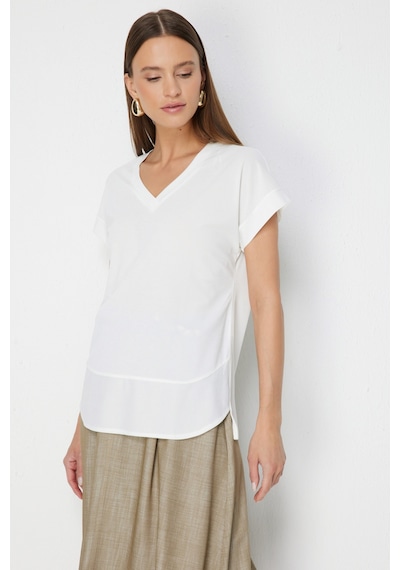 On Kadın V Yaka Parçalı T-shirt 71475 Ekru