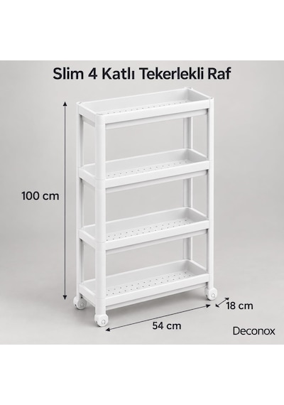 Slim 4 Katlı Tekerlekli Raf Ünitesi, Dar Alan Mutfak Ve Banyo Düzenleyici, 54 X 18 X 100 Cm, Beyaz