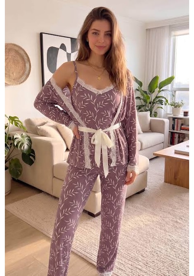 Dgestivaa Kadın 3'lü Pijama Takımı Mor Beyaz
