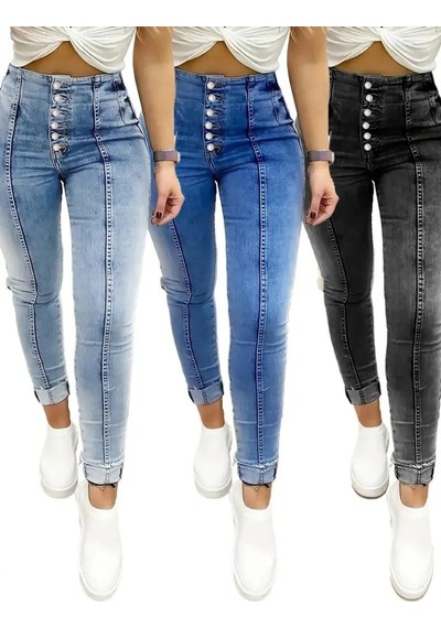 Valensdesign Kadın Yüksek Bel Önden Düğmeli Jean Pantolon Siyah