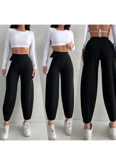 DefyModa Kadın Krep Kumaş Balon Pantolon Siyah