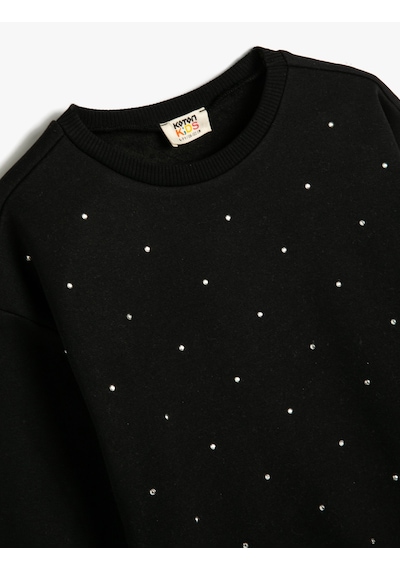 Koton Sweatshirt Bisiklet Yaka Uzun Kollu Boncuk Detaylı Şardonlu Siyah 4wkg10719ak Siyah