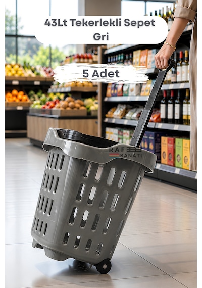 5 Adet - 43 Lt Tekerlekli Market Sepeti Plastik Alışveriş Sepeti Ergonomik Çift Saplı Gri