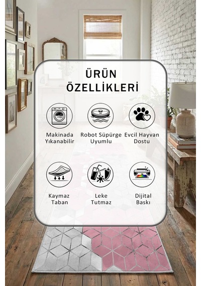 Süetro Pembe Salon Mutfak Yatak Odası Dijital Yıkanabilir Yolluk