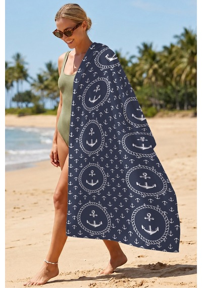 Çapa Marine Lacivert Plaj Havlu Örtüsu - Nautical Halat Motifli Hızlı Kuruyan Mikrofiber Havlu Örtü Çok Renkli