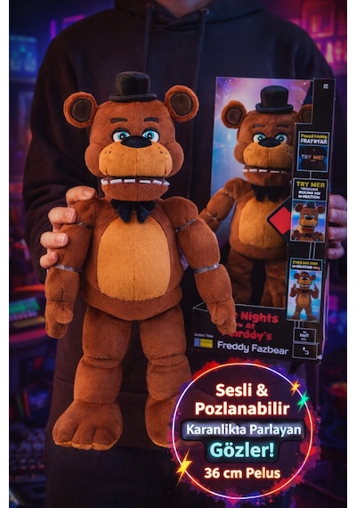 Five Nights At Freddy's Freddy Fazbear Sesli Pozlanabilir Peluş 36 Cm Karanlıkta Parlayan Ayı Kahverengi