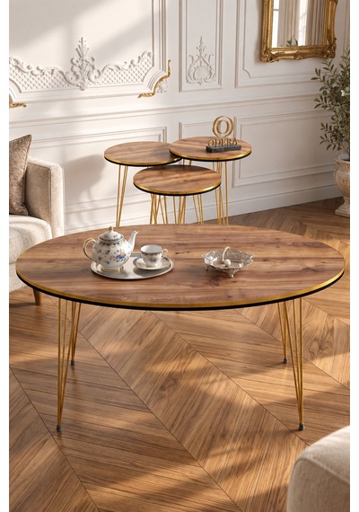 Odera Çift Ceviz Elips Orta Sehpa Ve Yuvarlak Zigon Sehpa 4'lü Set Metal Tel Ayaklı Modern Retro Salon Sehpası Diğer