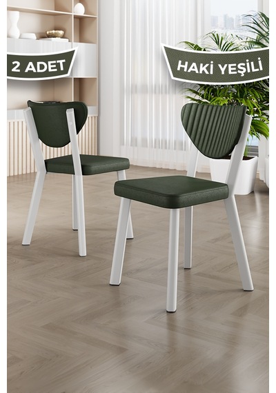 Fubi Serisi 2 Adet Deri Mutfak,cafe, Restaurant Sandalyesi Beyaz Metal İskeletli Haki Sandalye Beyaz İskelet