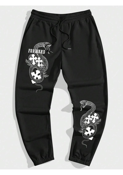 Halloween Cross & Letter Graphic Drawstring Waist Eşofman Altı Siyah