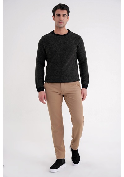 Slim Fit Renkli Ribanalı Siyah Haki Yünlü Bisiklet Yaka Triko Kazak Tr 890 Siyah-haki