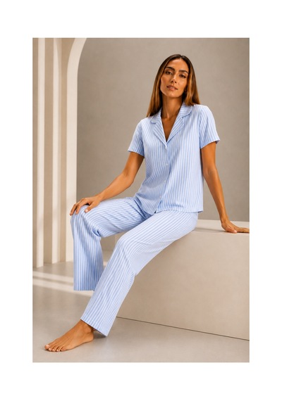 Fit Women Kadın Kısa Kol Rahat Kalıp Şık Mavi Pijama Takımı