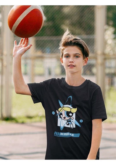 Sevbano Power Puff Girls Bubbles Baskılı Unisex Çizgi Film Çocuk Tişört Siyah