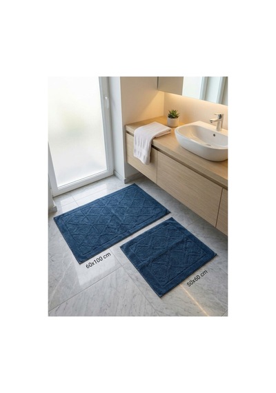 Laren 2'li Banyo Paspas Seti 60x100 + 50x60 Cm %65 Pamuk Yumuşak Dokulu Banyo Halısı Lacivert