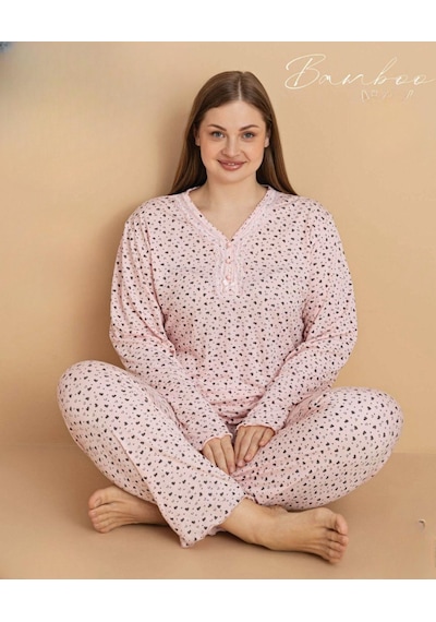 Pijamerry Kadın Büyük Beden Dantel Yaka Bambu Uzun Kol İnce Pijama Takımı 5674 - 1 Adet Pudra