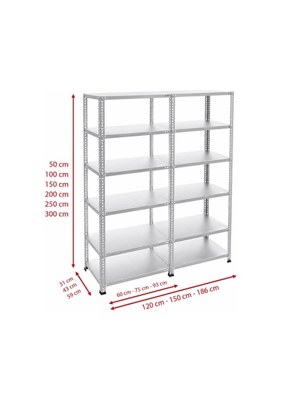 6 Katlı Duble Galvaniz Çelik Raf - Depo, Arşiv, Kiler, Dosya, Market Rafı 59x60 Cm-150 Cm-1.50 Mm Metalik