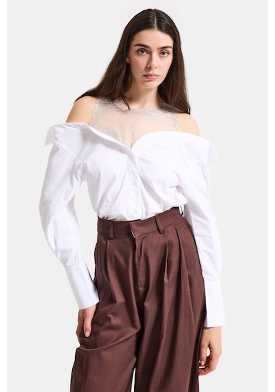 Itsbasic Kadın Beyaz Oversize Tül Dantelli Özel Tasarım Gömlek