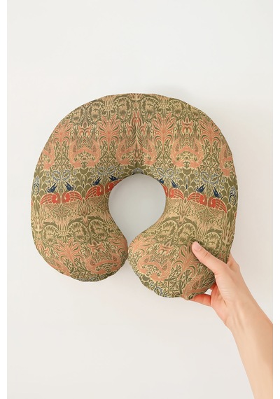 Vintage Kuş Motifli Ergonomik Boyun Yastığı - Doğal Desenli Zeytin Yeşili Turuncu Seyahat Yastığı Mat Taş Amber