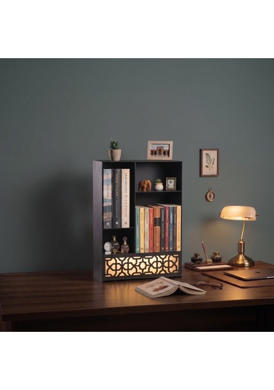 Işıklı Metal Masa Düzenleyici Masaüstü Kitaplık Minimalist Kitap Tutucu Siyah