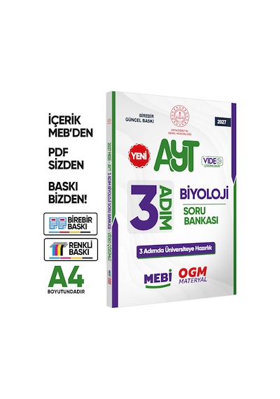 2027 Ayt Mebi-ogm 3 Adım Biyoloji Soru Bankası Renkli A4 Boyut Video Çözümlü Baskı Ücreti