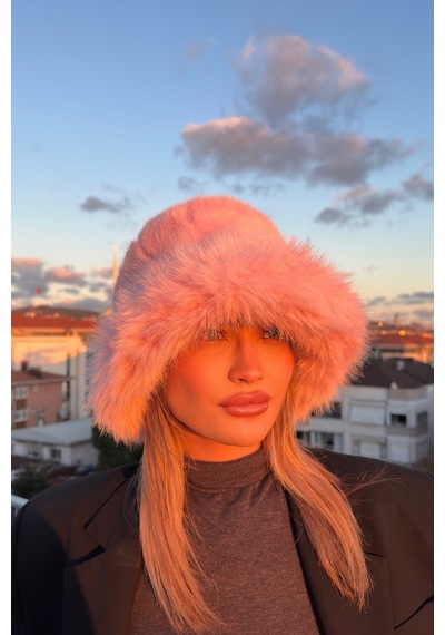 Mollycrush Suni Kürklü Peluş Bucket Kalpak Şapka Luxury Kadın Pembe Rus Slav Tarzı Pembe