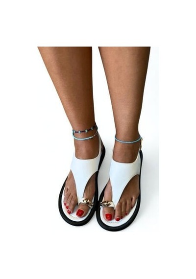 Ne&ve Shoes Beyaz Deri Tokalı Parmak Arası Kadın Günlük Sandalet