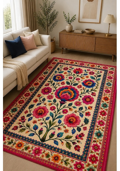 Dijital Baskı Çiçek Desenli Renkli Halı Çiçek Motifli Modern Dekoratif Salon Halısı Çok Renkli