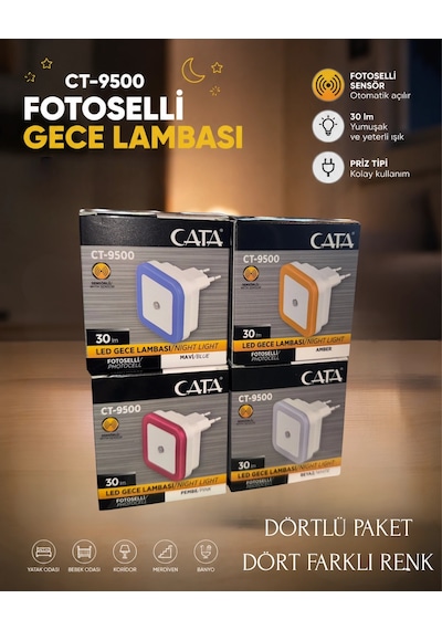 Cata Ct-9500 Fotoselli Led Gece Lambası - 4 Lü Paket Renkli