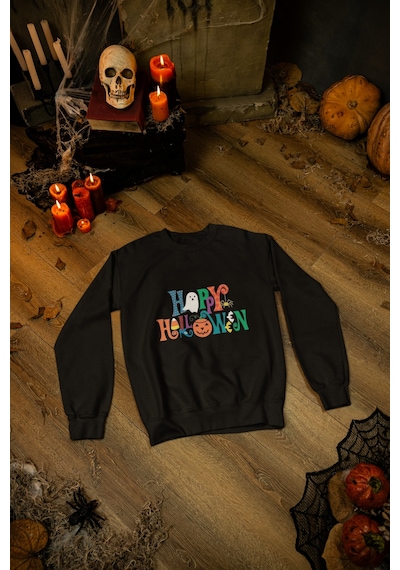 Magors Stıl-x Happy Halloween - Cadılar Bayramı Baskılı Unısex Çocuk Sweatshırt Siyah-9