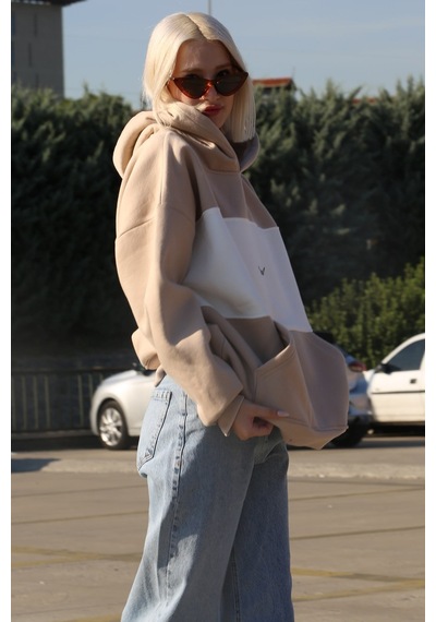 Bej Renk Bloklu Şardonlu Sweatshirt Mg1544
