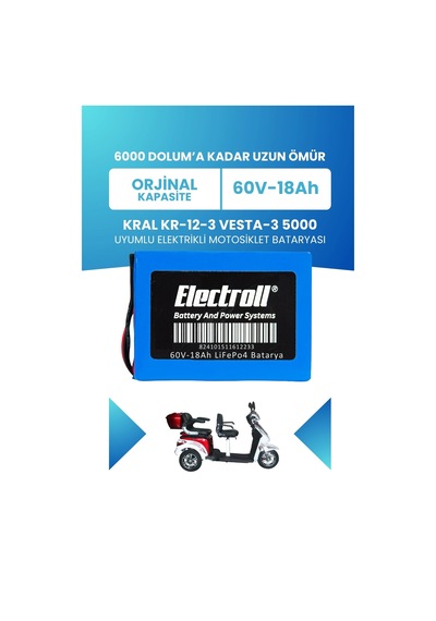 Kral Kr-12-3 Vesta-3 5000 Batarya Standart Kapasite Lifepo4 60v 18ah Elektrikli Motosiklet Bataryası