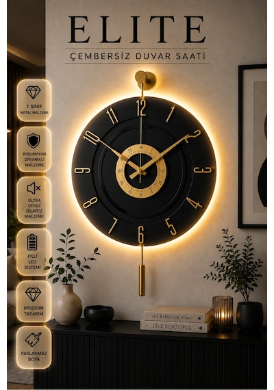 MetaQuartz Aksesuar Kardelen Gold Siyah Ledli 12 - 24 Duvar Saati Siyah - Gold