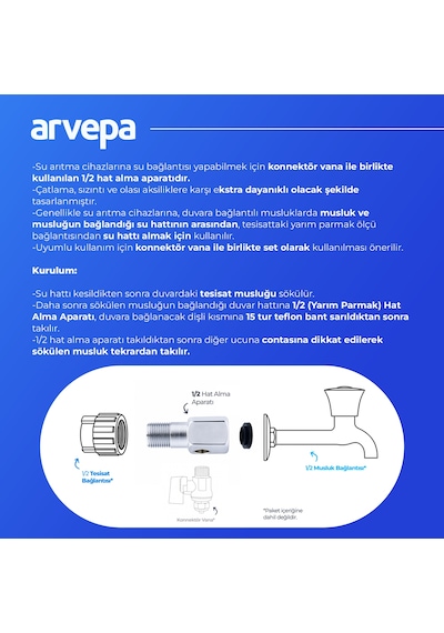 Arvepa Su Arıtma Cihazı 1/2 (Yarım Parmak) Hat Alma Aparatı - Ekstra Dayanıklı (Metal T Parçası)