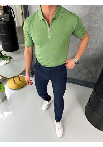 Modefendi Yüksek Kalite Polo Yaka Fermuarlı Tshirt Fıstık Yeşili