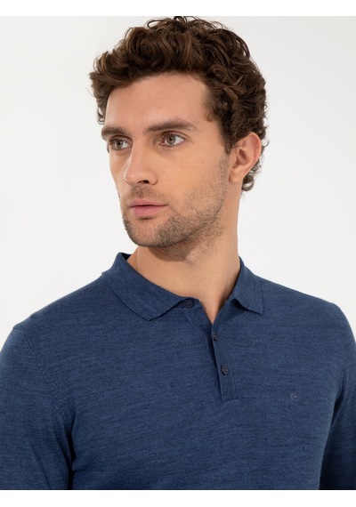 Cacharel İndigo Slim Fit Polo Yaka Basic Triko Kazak Mavi