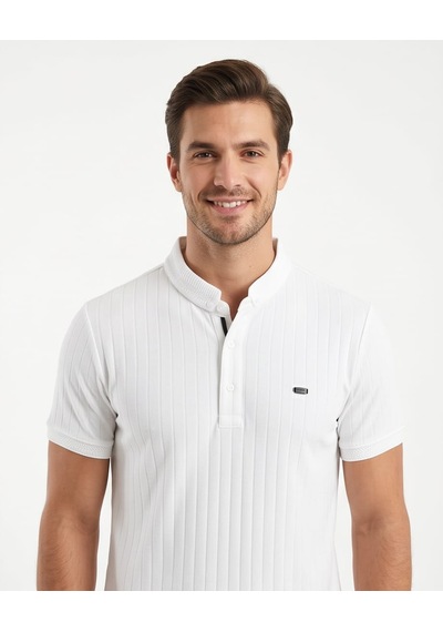 Özeniş Erkek Polo Yaka Slim Fit Çizgili Desen Kaşkorse T-shirt Beyaz