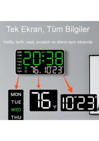 Ev Ve Ofis İçin Yeşil Led Duvar Saati Göz Yormayan Otomatik Işık Çift Alarm Sıcaklık Tarih Siyah